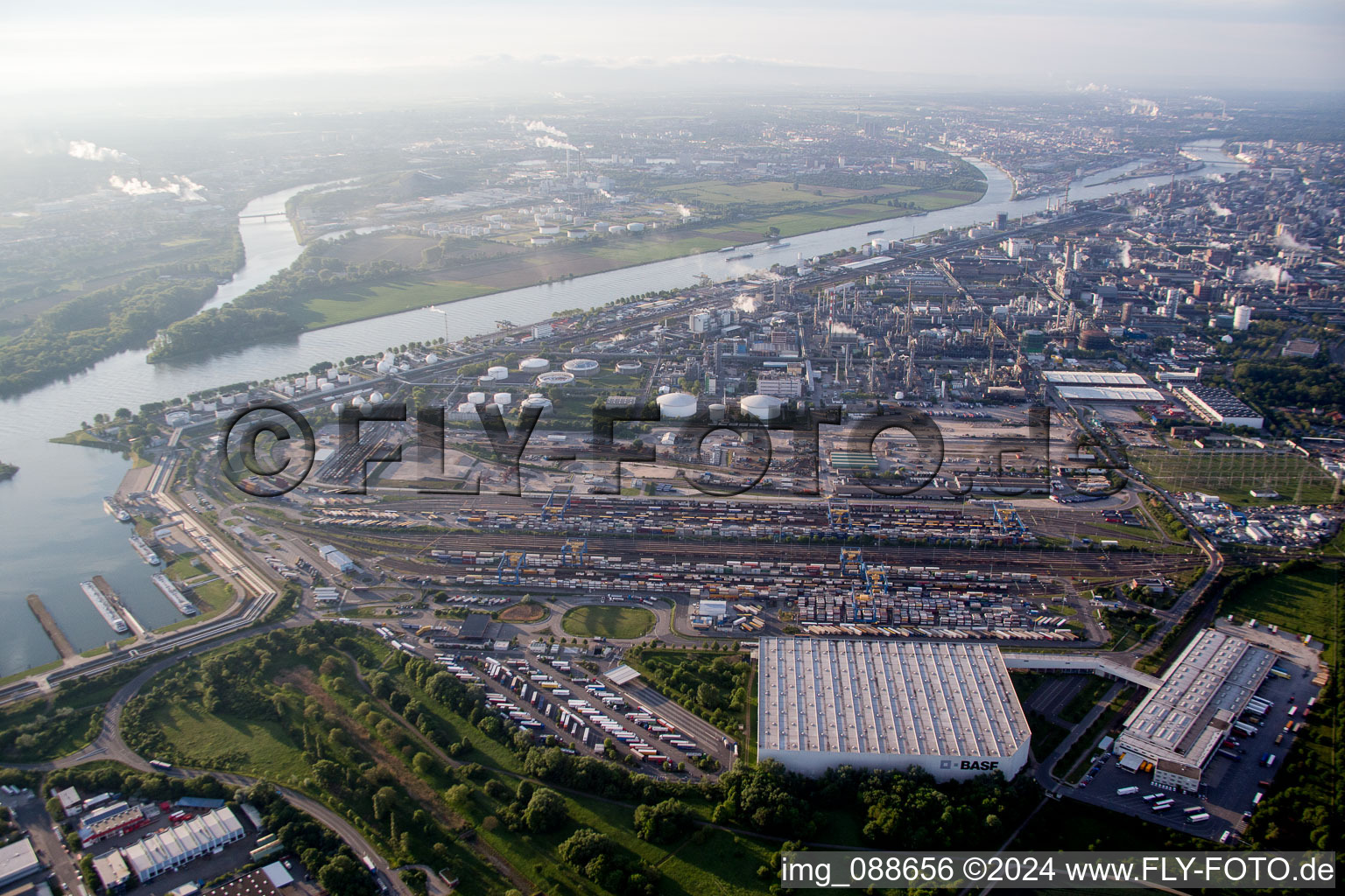 District BASF in Ludwigshafen am Rhein in the state Rhineland-Palatinate, Germany from the drone perspective