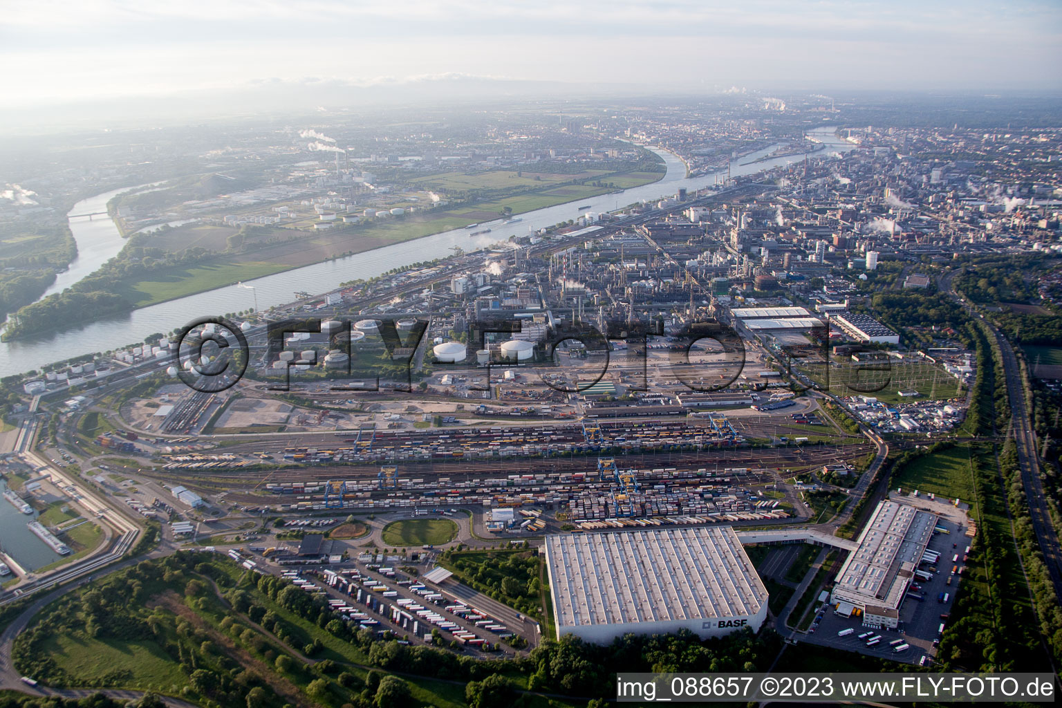 District BASF in Ludwigshafen am Rhein in the state Rhineland-Palatinate, Germany from a drone