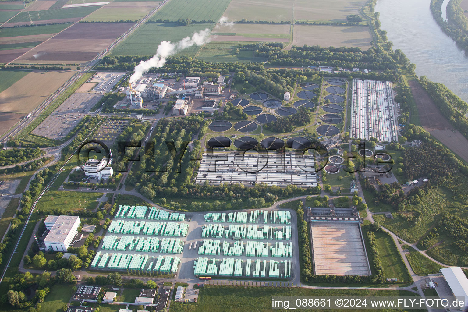 BASF sewage treatment plant in the district Mörsch in Frankenthal in the state Rhineland-Palatinate, Germany seen from above