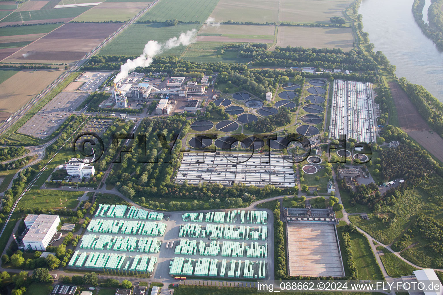 BASF sewage treatment plant in the district Mörsch in Frankenthal in the state Rhineland-Palatinate, Germany from the plane