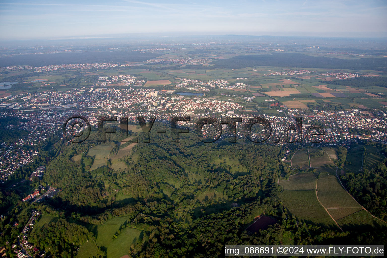 Aerial photograpy of From the east in the district Auerbach in Bensheim in the state Hesse, Germany