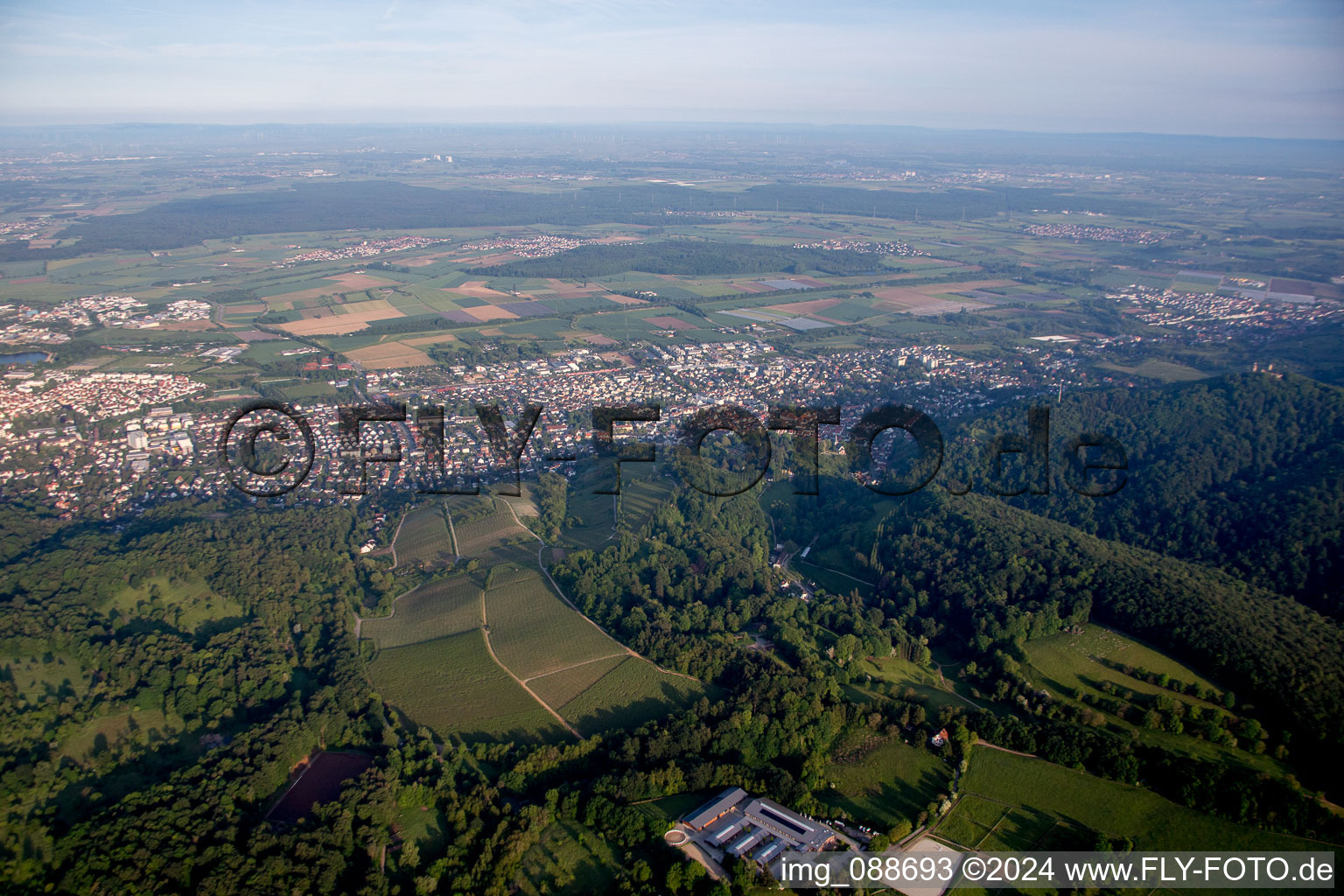 From the east in the district Auerbach in Bensheim in the state Hesse, Germany from above