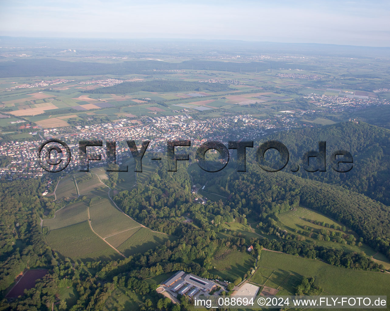 From the east in the district Auerbach in Bensheim in the state Hesse, Germany seen from above