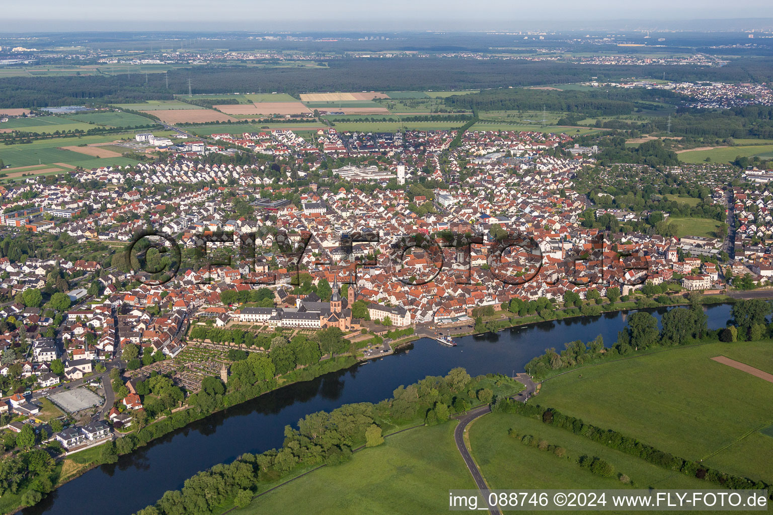 Aerial view of Town on the banks of the river of the Main river in Seligenstadt in the state Hesse, Germany