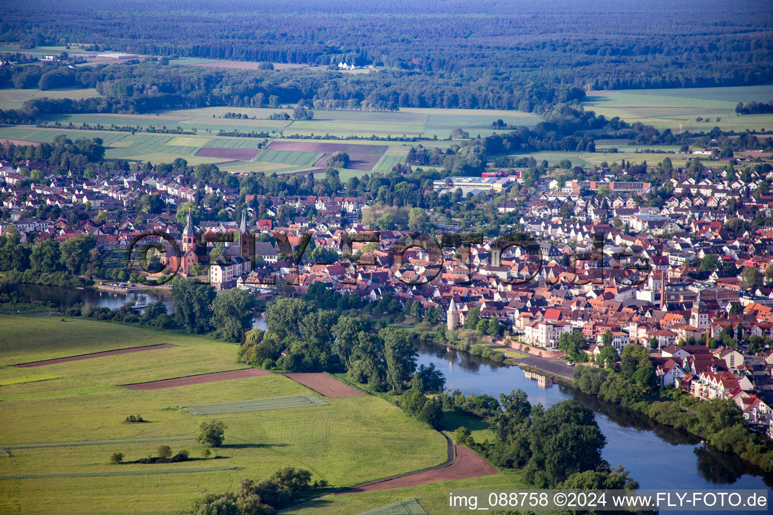 Aerial photograpy of Town on the banks of the river of the Main river in Seligenstadt in the state Hesse, Germany