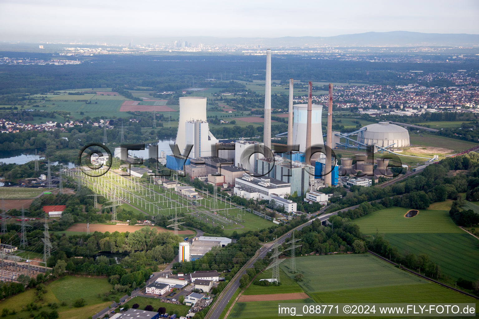 Aerial view of Building remains of the reactor units and facilities of the gas power plant Kraftwerk Staudinger in Grosskrotzenburg in the state Hesse, Germany