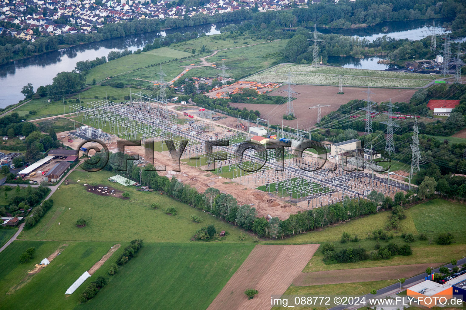 Site of the substation for voltage conversion and electrical power supply Kraftwerk Staudinger in the district Klein-Krotzenburg in Grosskrotzenburg in the state Hesse, Germany