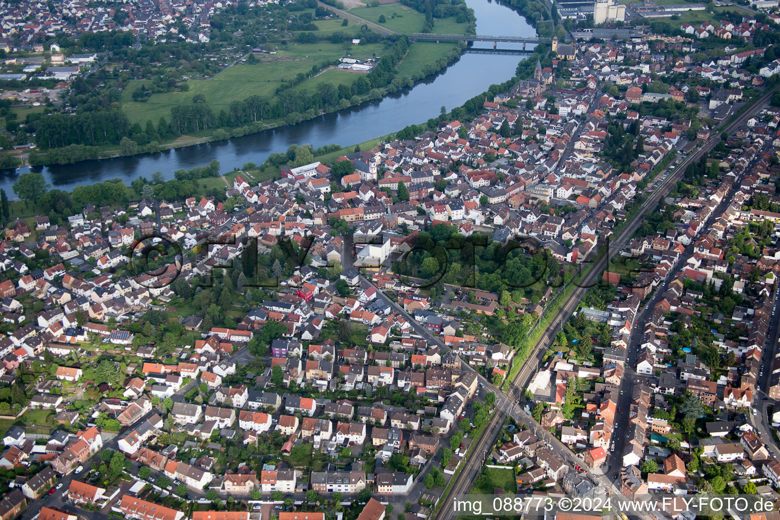 Village on the banks of the area of the Main river - river course in Hanau in the state Hesse, Germany