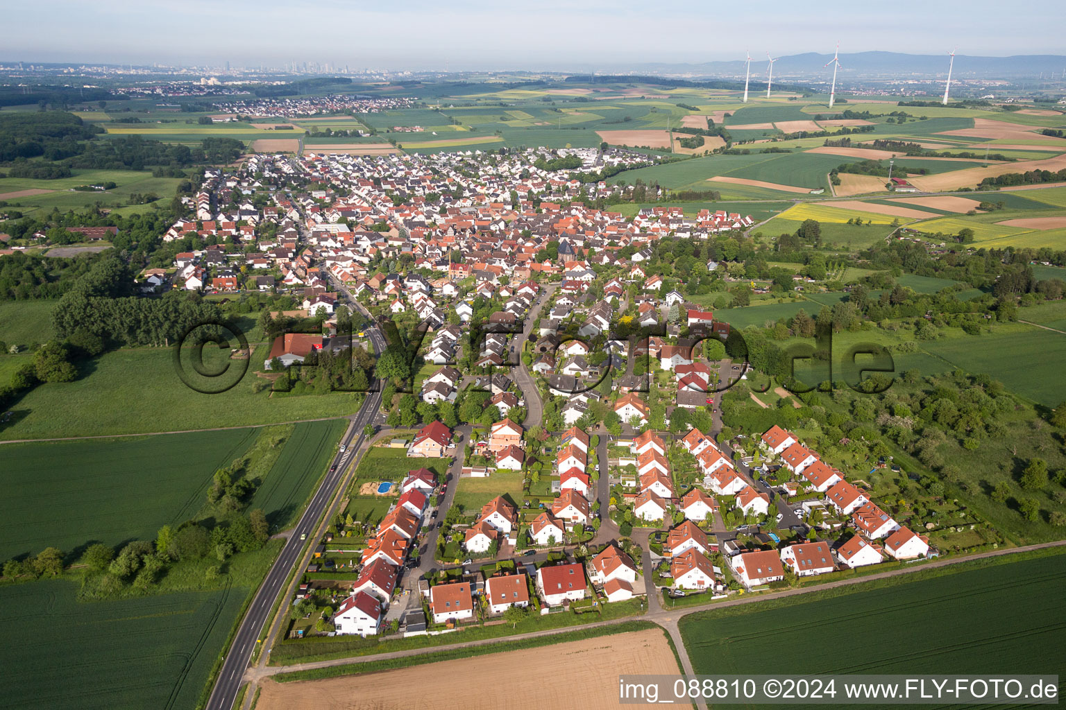 Town View of the streets and houses of the residential areas in the district Mittelbuchen in Hanau in the state Hesse, Germany