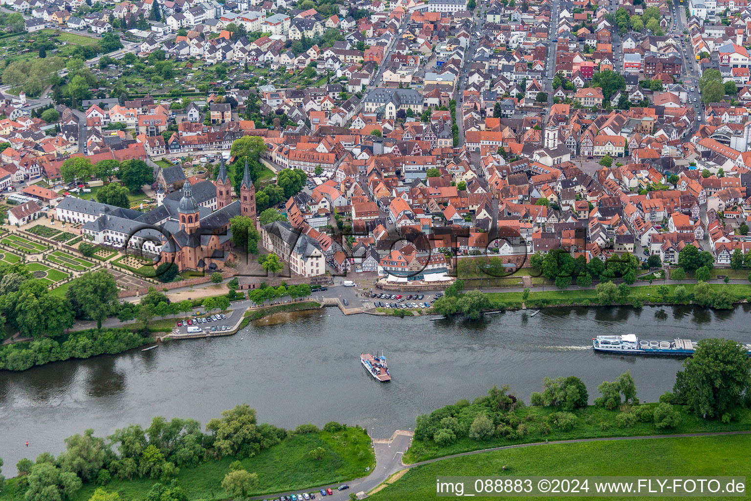 Aerial view of Ride a ferry ship over the main river "Stadt Seligenstadt" in Seligenstadt in the state Hesse, Germany