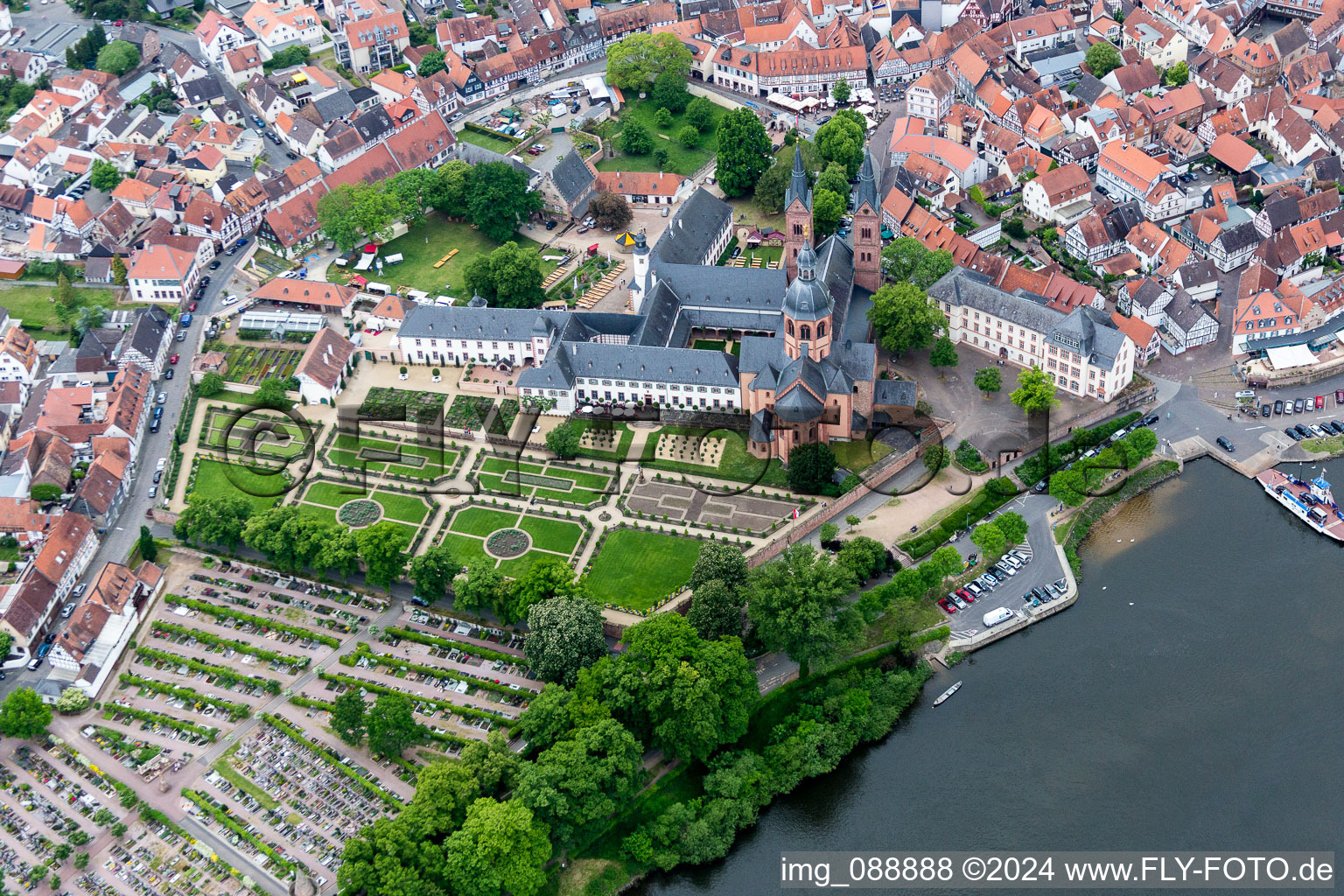 Aerial view of Church building Einhardbasilika in Seligenstadt in the state Hesse, Germany