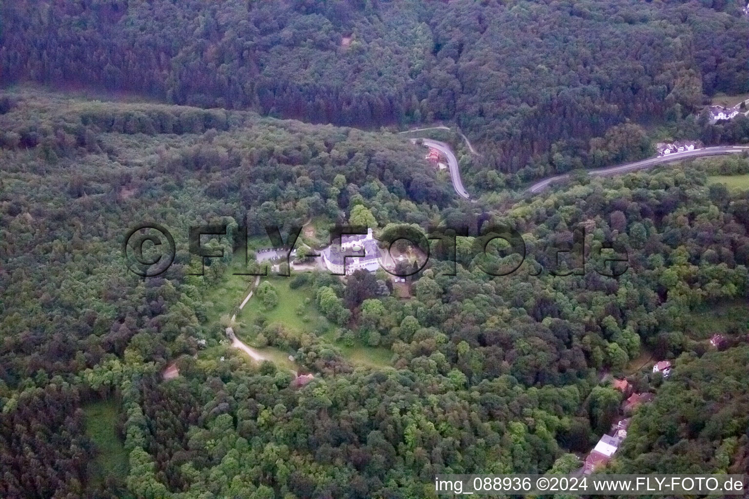 Tannenberg Castle Ruins in Seeheim-Jugenheim in the state Hesse, Germany seen from above