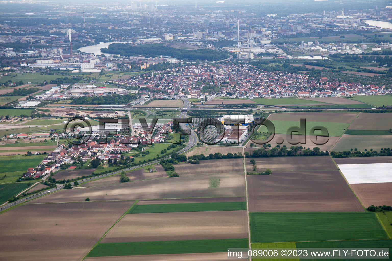Aerial view of Scharhof, IKEA in the district Sandhofen in Mannheim in the state Baden-Wuerttemberg, Germany