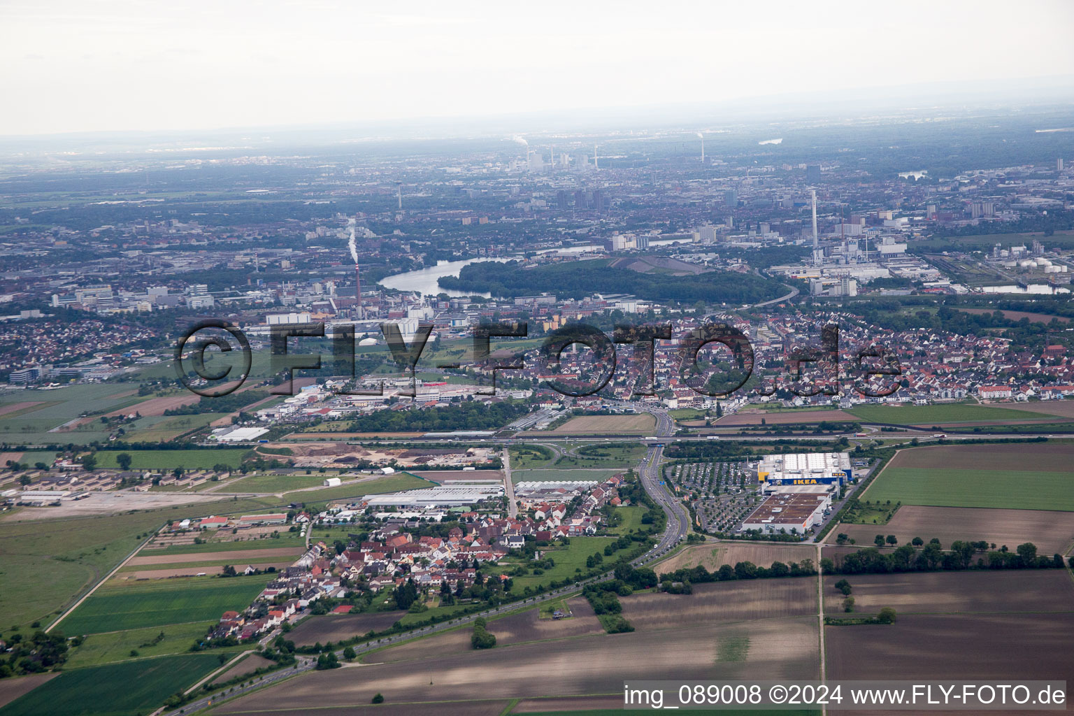 Oblique view of Scharhof, IKEA in the district Sandhofen in Mannheim in the state Baden-Wuerttemberg, Germany