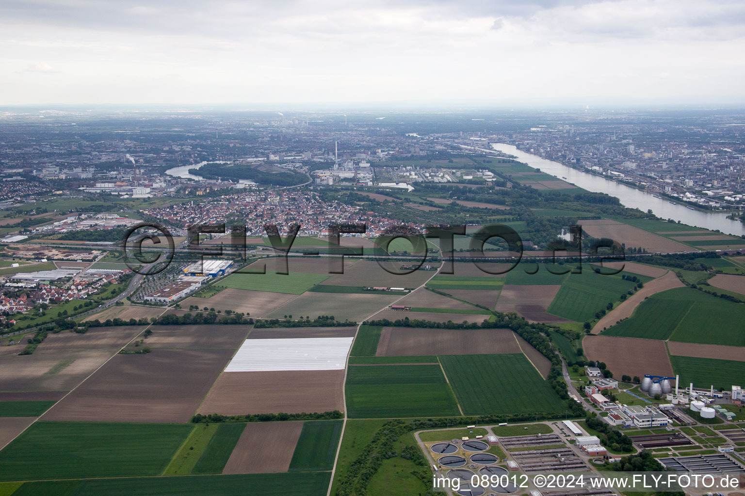 Aerial view of Sewage treatment plant in the district Sandhofen in Mannheim in the state Baden-Wuerttemberg, Germany