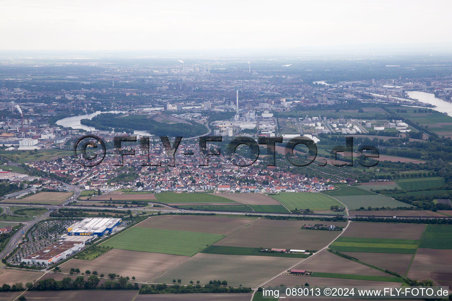 Oblique view of District Sandhofen in Mannheim in the state Baden-Wuerttemberg, Germany