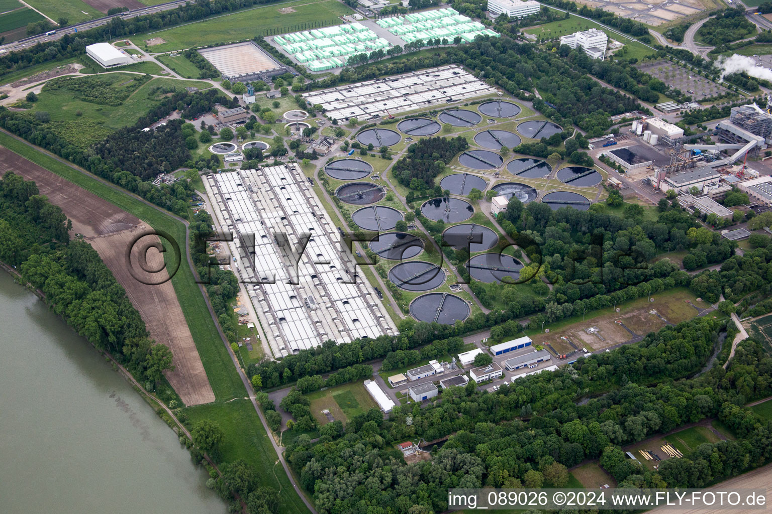 Bird's eye view of BASF sewage treatment plant in the district Mörsch in Frankenthal in the state Rhineland-Palatinate, Germany