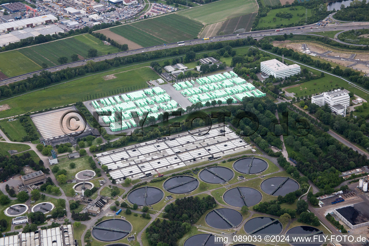 BASF sewage treatment plant in the district Mörsch in Frankenthal in the state Rhineland-Palatinate, Germany viewn from the air