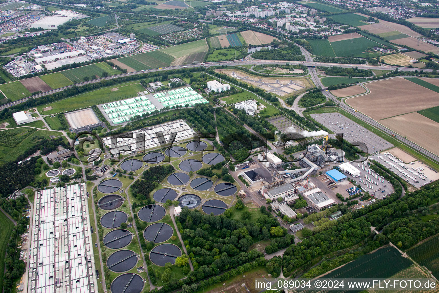 Drone recording of BASF sewage treatment plant in the district Mörsch in Frankenthal in the state Rhineland-Palatinate, Germany