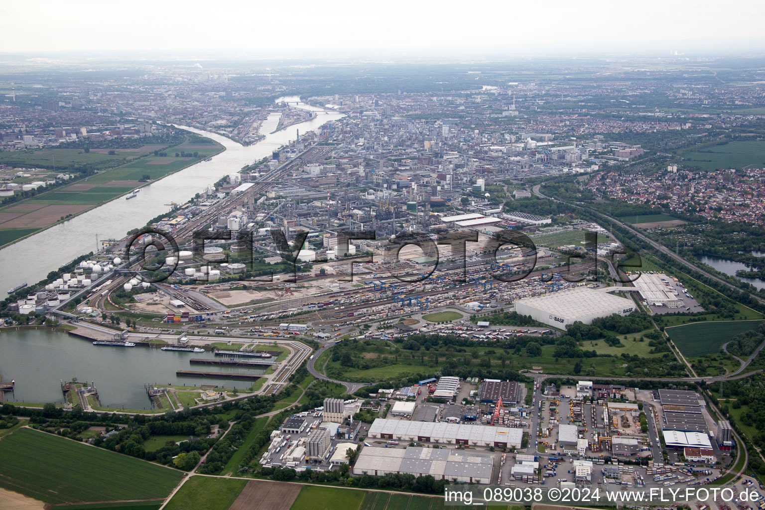 District BASF in Ludwigshafen am Rhein in the state Rhineland-Palatinate, Germany seen from above