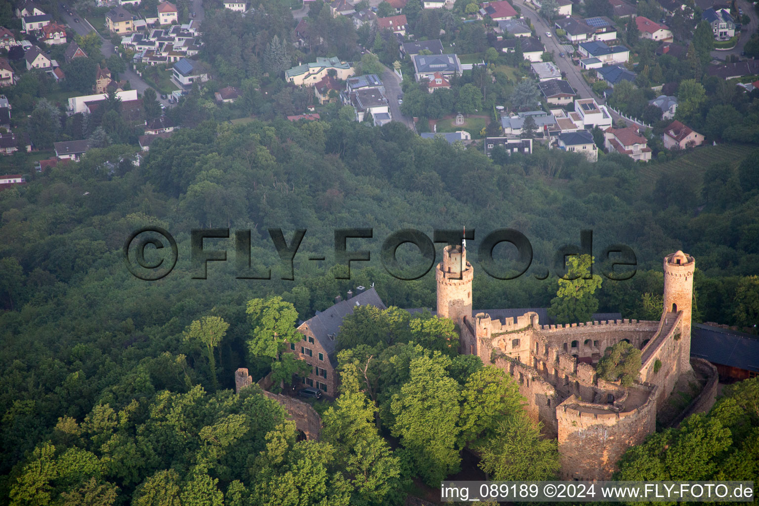 Castle Auerbach in the district Auerbach in Bensheim in the state Hesse, Germany from the plane