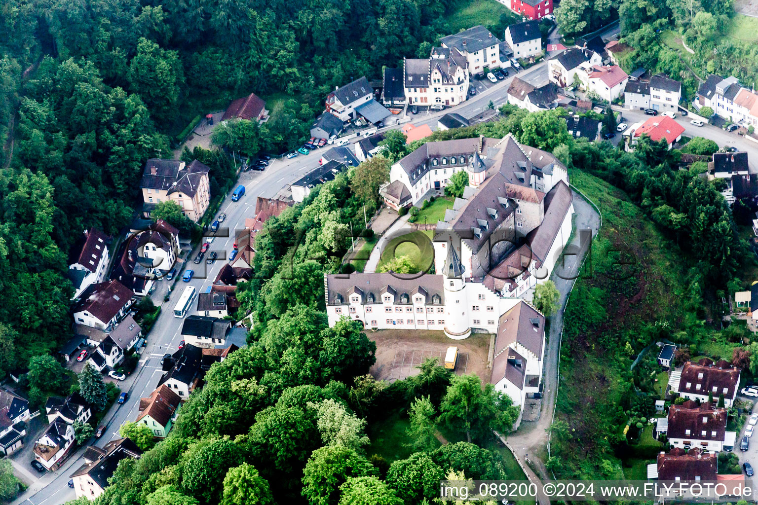 Aerial view of Building complex in the park of the castle Schoenberg in the district Schoenberg in Bensheim in the state Hesse, Germany