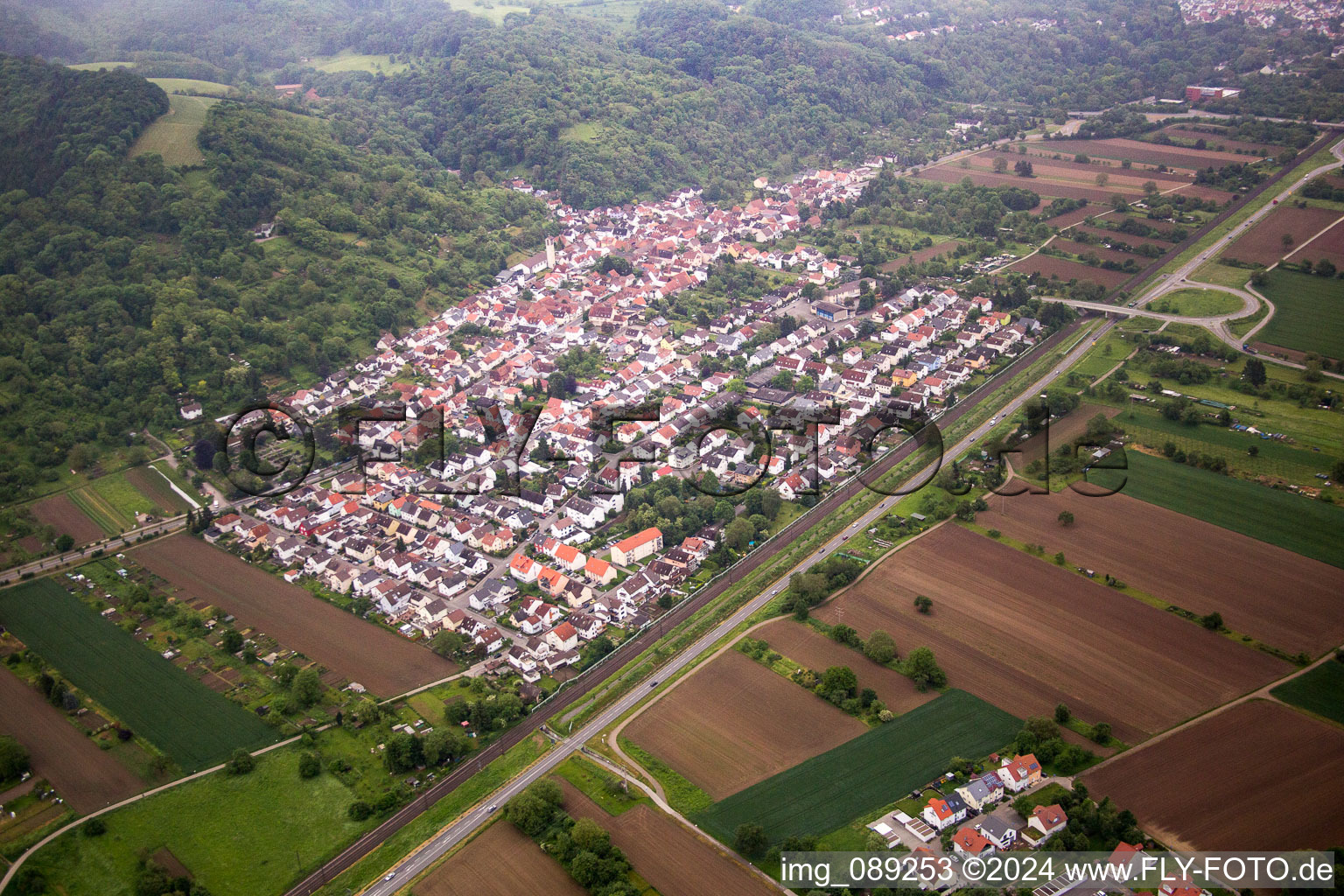 Oblique view of Hemsbach in the state Baden-Wuerttemberg, Germany