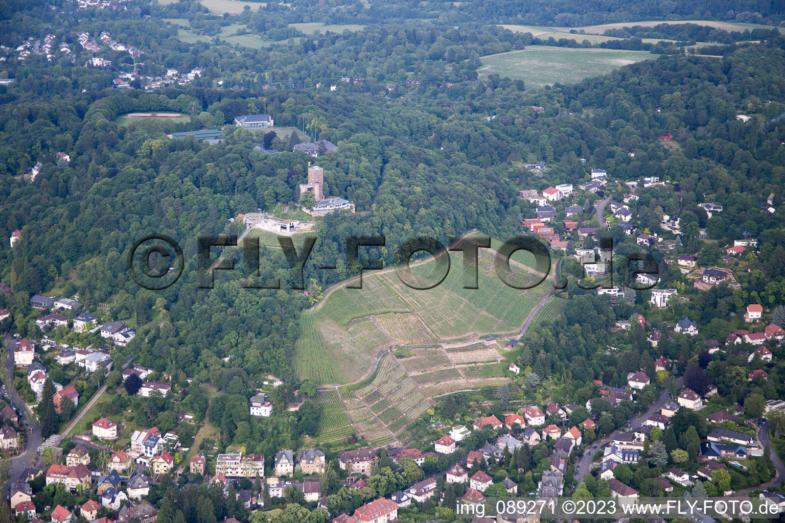 Aerial view of Tower Mountain in the district Durlach in Karlsruhe in the state Baden-Wuerttemberg, Germany