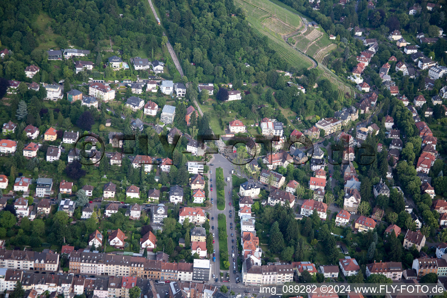 Aerial view of Turmberg cable car in the district Durlach in Karlsruhe in the state Baden-Wuerttemberg, Germany