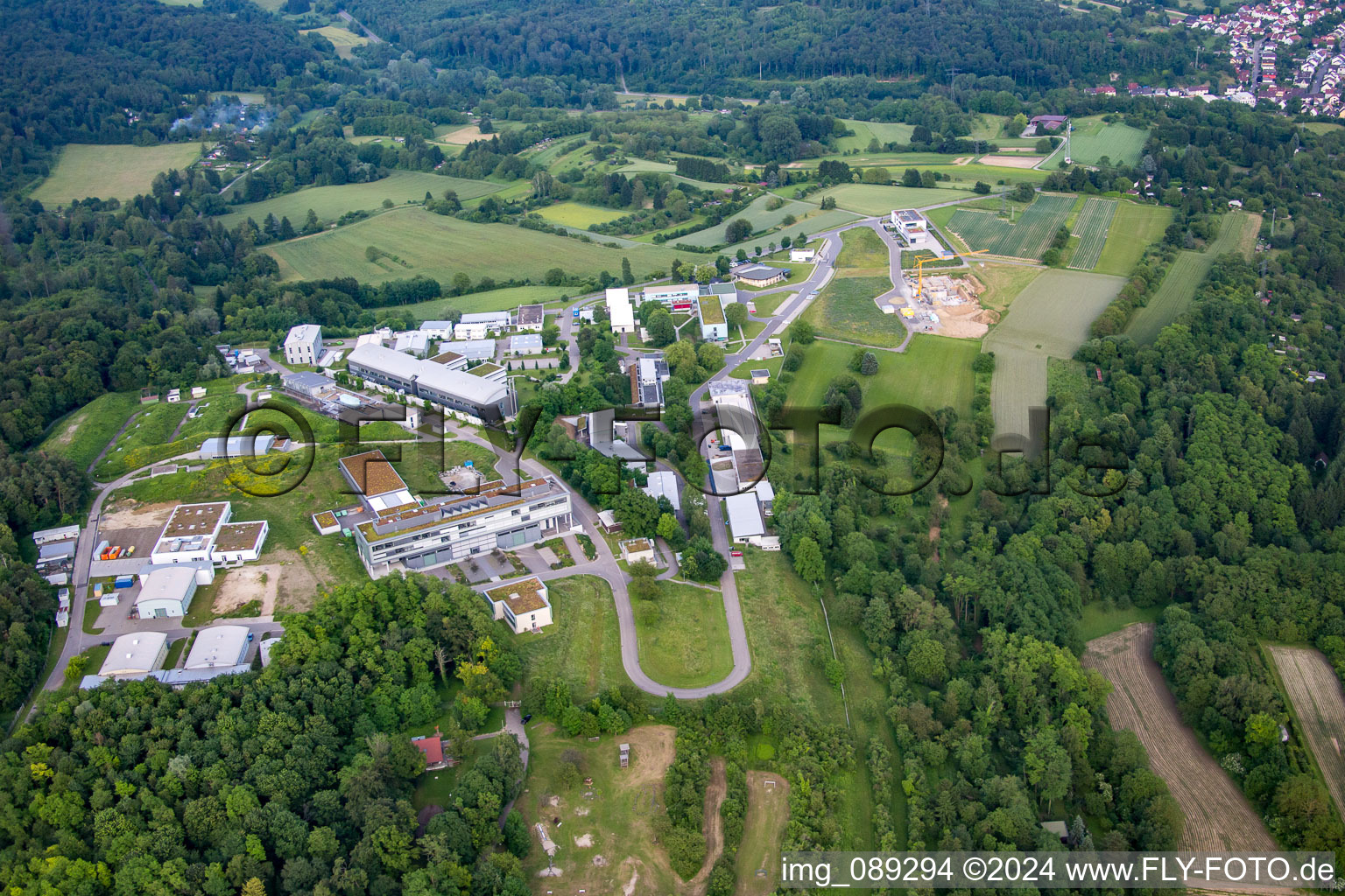 Aerial view of Building complex of the Institute Fraunhofer-Institut fuer Chemische Technologie ICT in Pfinztal in the state Baden-Wurttemberg, Germany