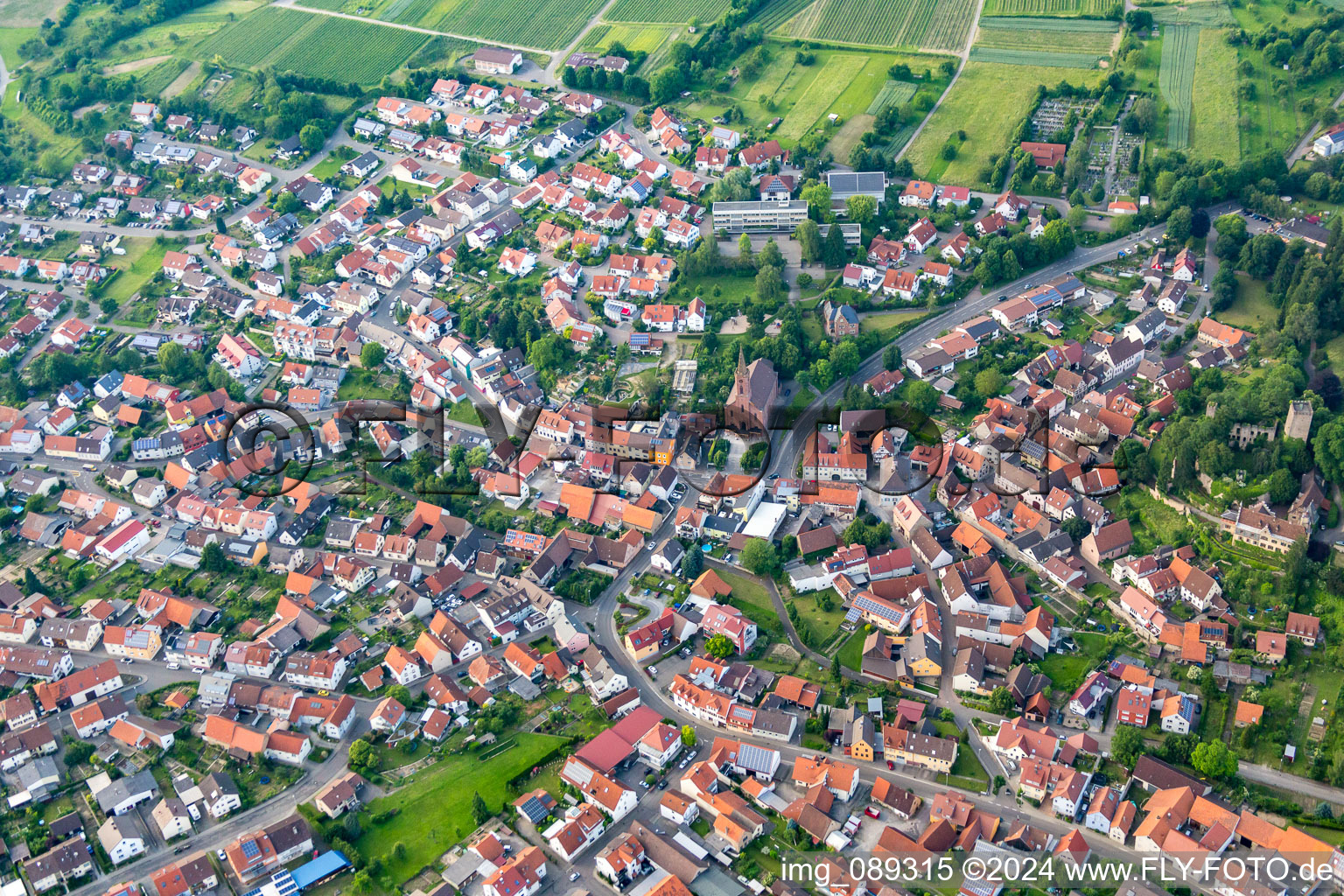 Town View of the streets and houses of the residential areas in the district Obergrombach in Bruchsal in the state Baden-Wurttemberg, Germany