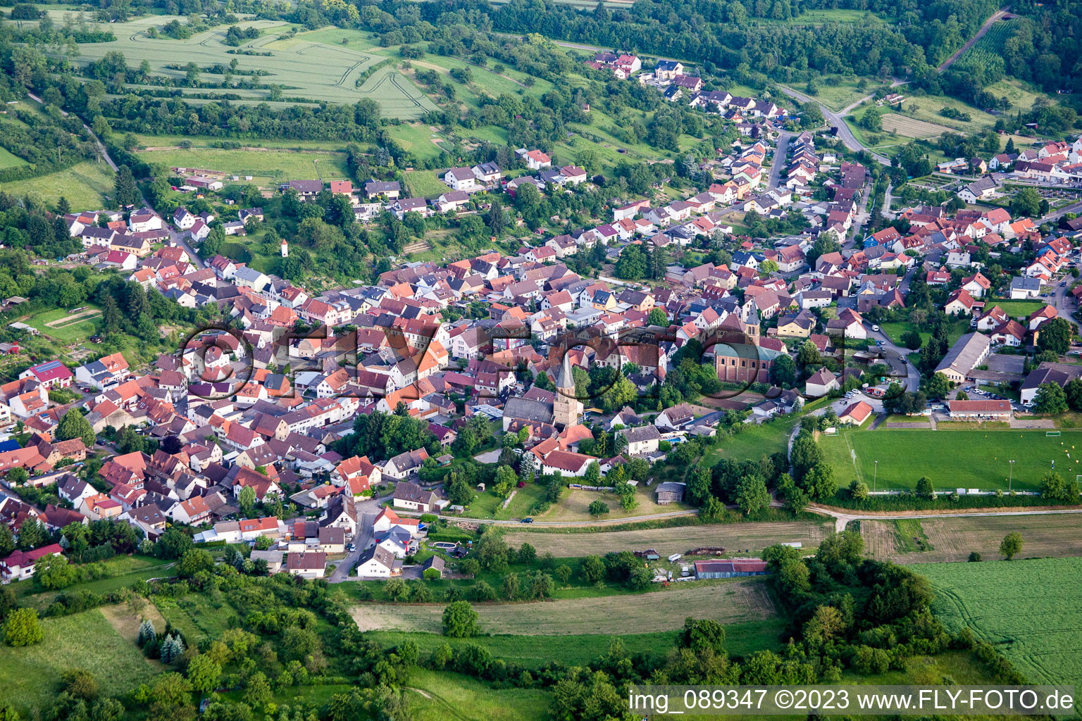 Aerial view of Town View of the streets and houses of the residential areas in Oberoewisheim in the state Baden-Wurttemberg, Germany