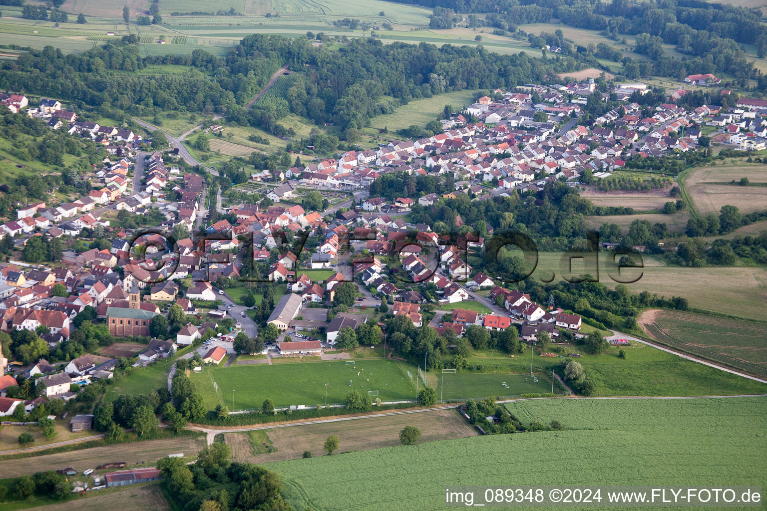 Aerial photograpy of Town View of the streets and houses of the residential areas in Oberoewisheim in the state Baden-Wurttemberg, Germany