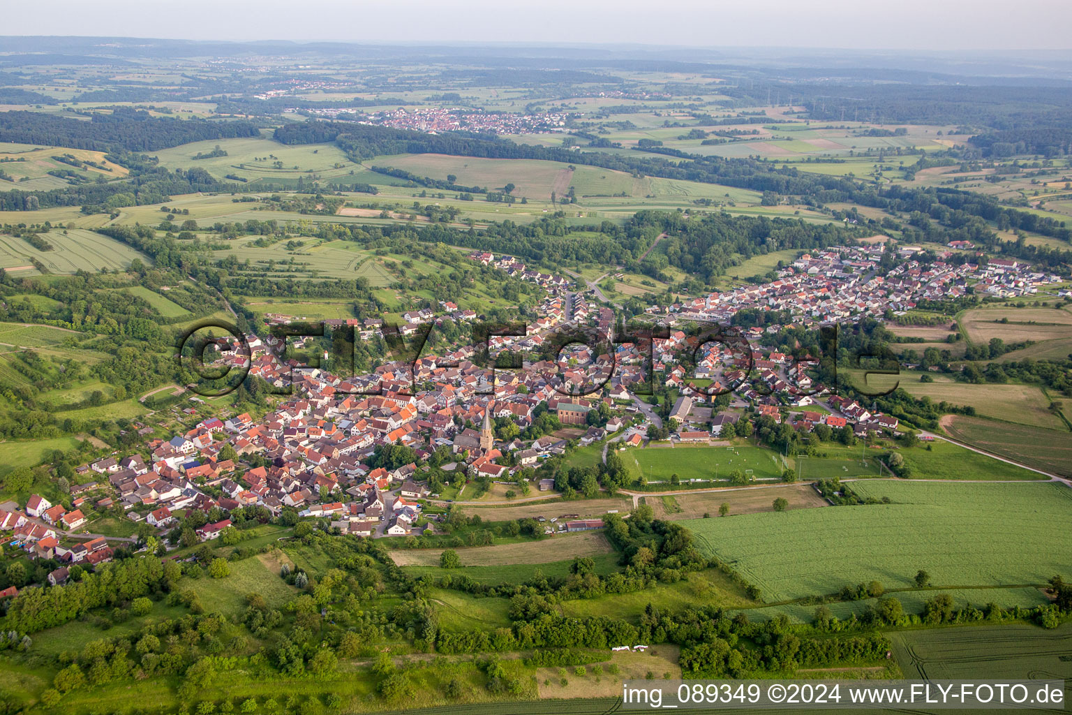 Oblique view of Town View of the streets and houses of the residential areas in Oberoewisheim in the state Baden-Wurttemberg, Germany