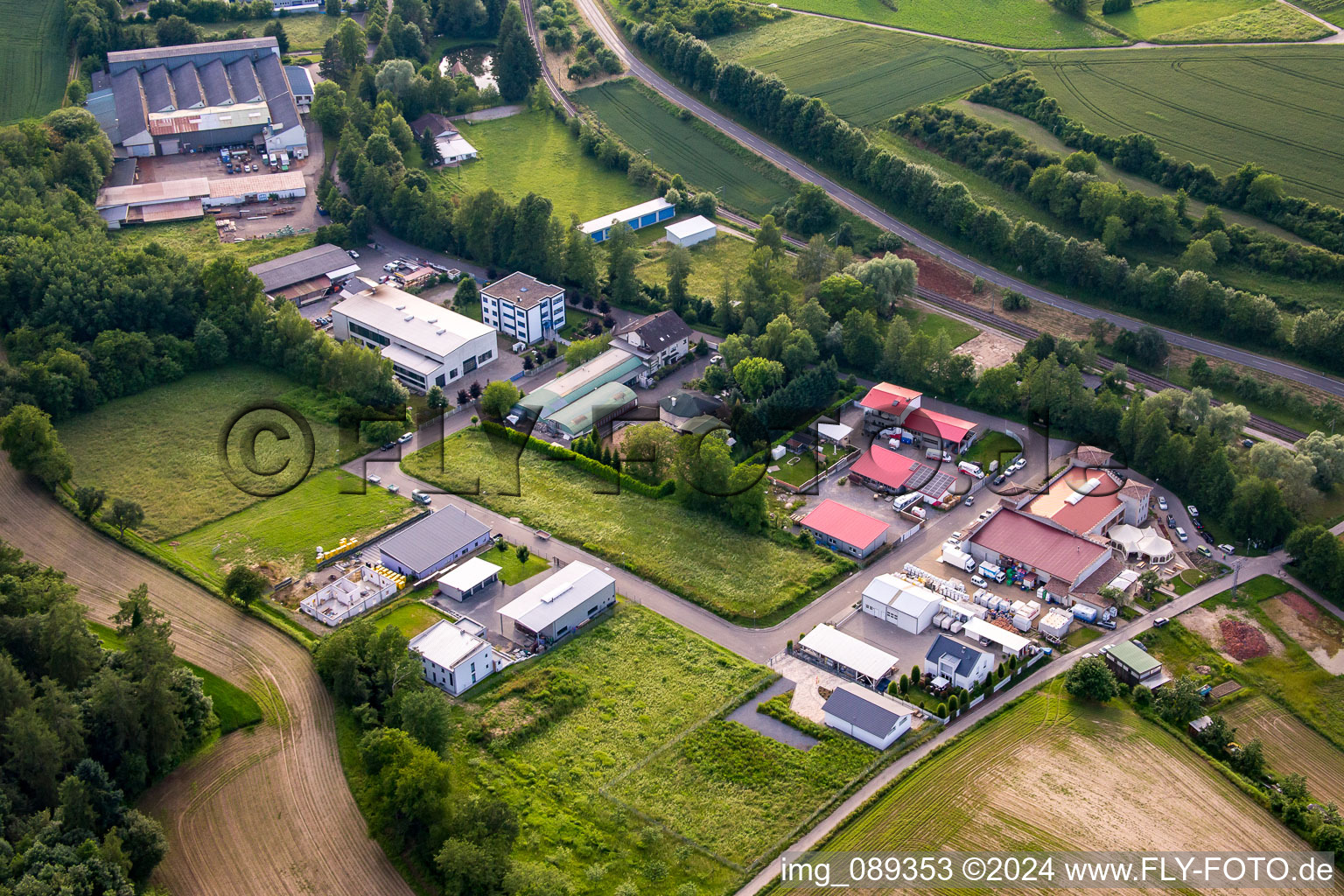 Industrial road with Rohtermel Tankschutz GmbH in the district Zeutern in Ubstadt-Weiher in the state Baden-Wuerttemberg, Germany