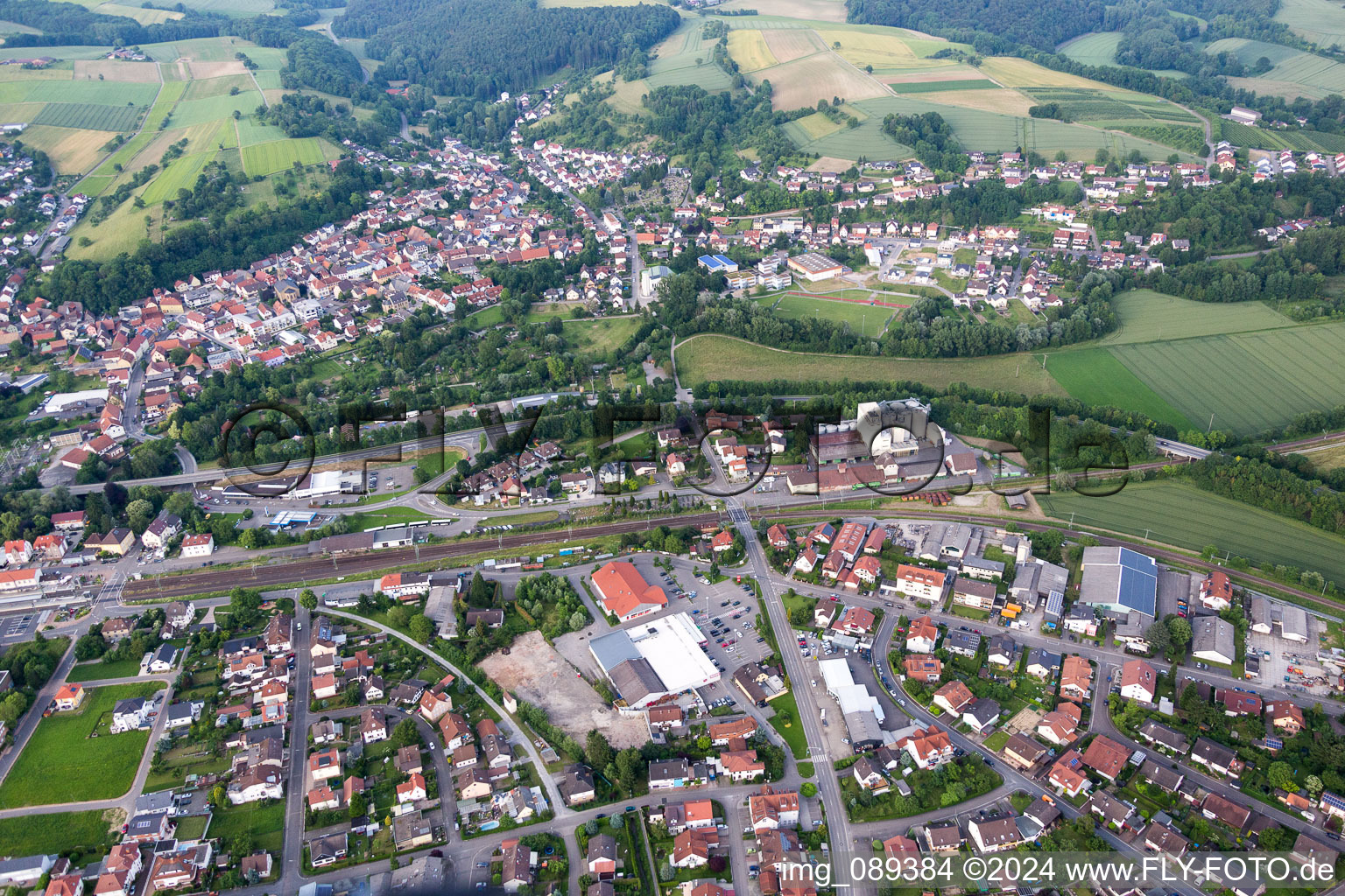 Town on the banks of the river of Elsenz in Meckesheim in the state Baden-Wurttemberg, Germany