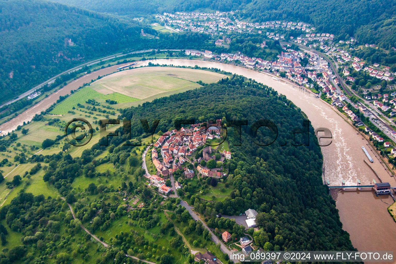 Aerial view of Ruins and vestiges of the former castle and fortress Dilsberg in the district Dilsberg in Neckargemuend in the state Baden-Wurttemberg