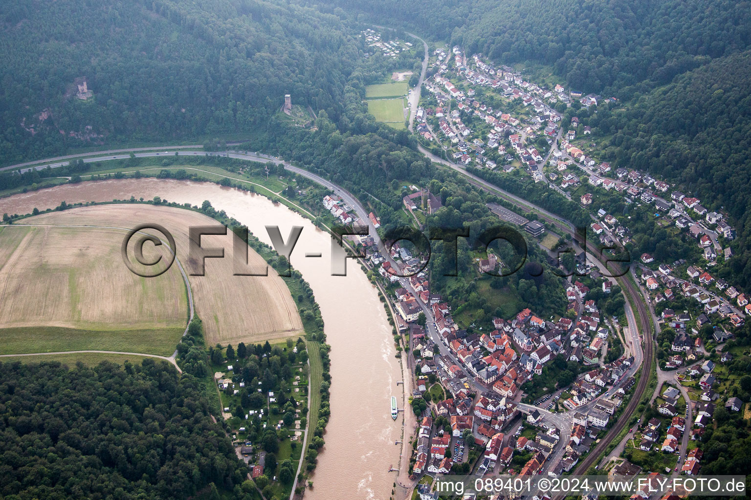 Aerial view of Neckarsteinach in the state Hesse, Germany