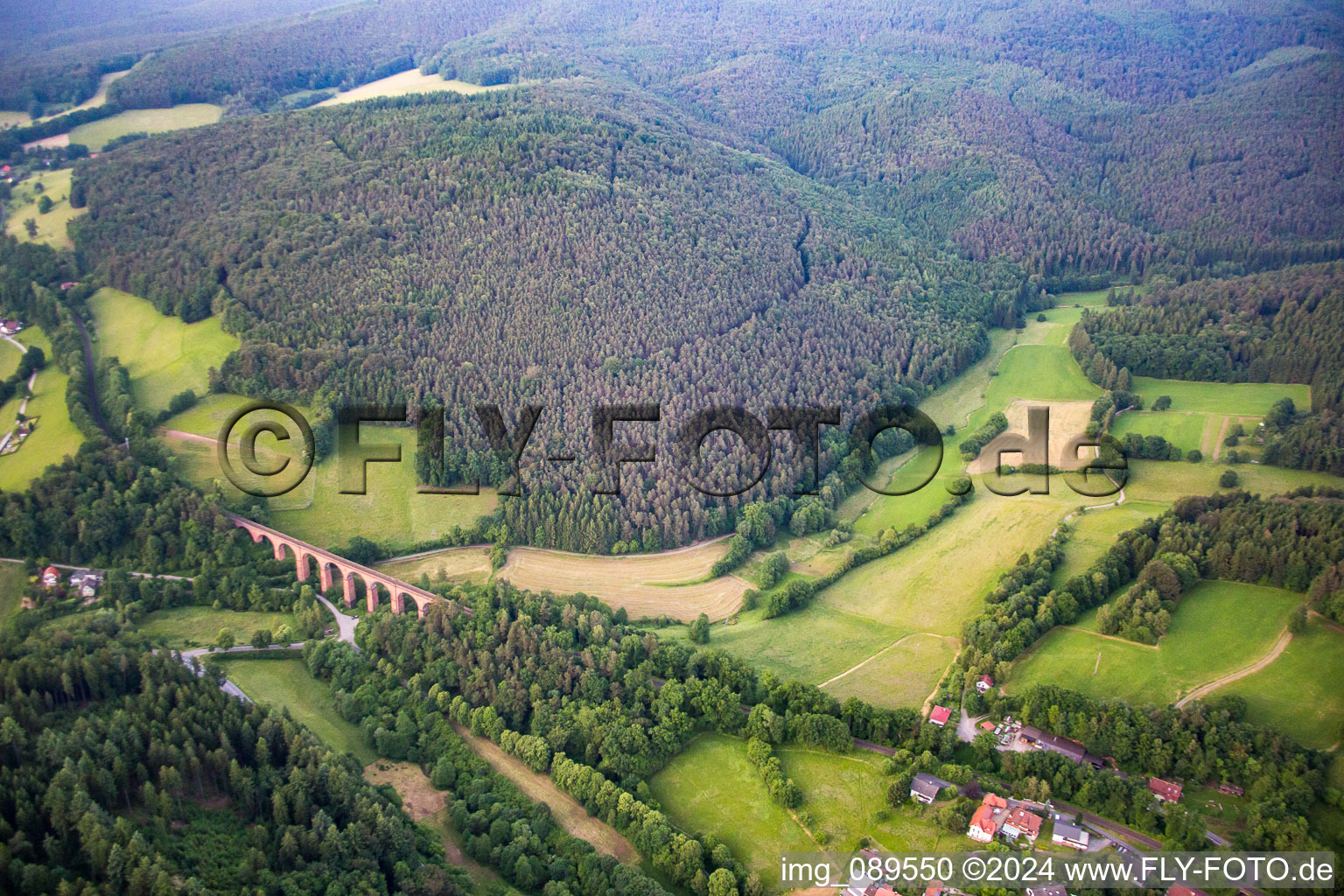 Aerial view of Himbächel Viaduct in the district Hetzbach in Oberzent in the state Hesse, Germany