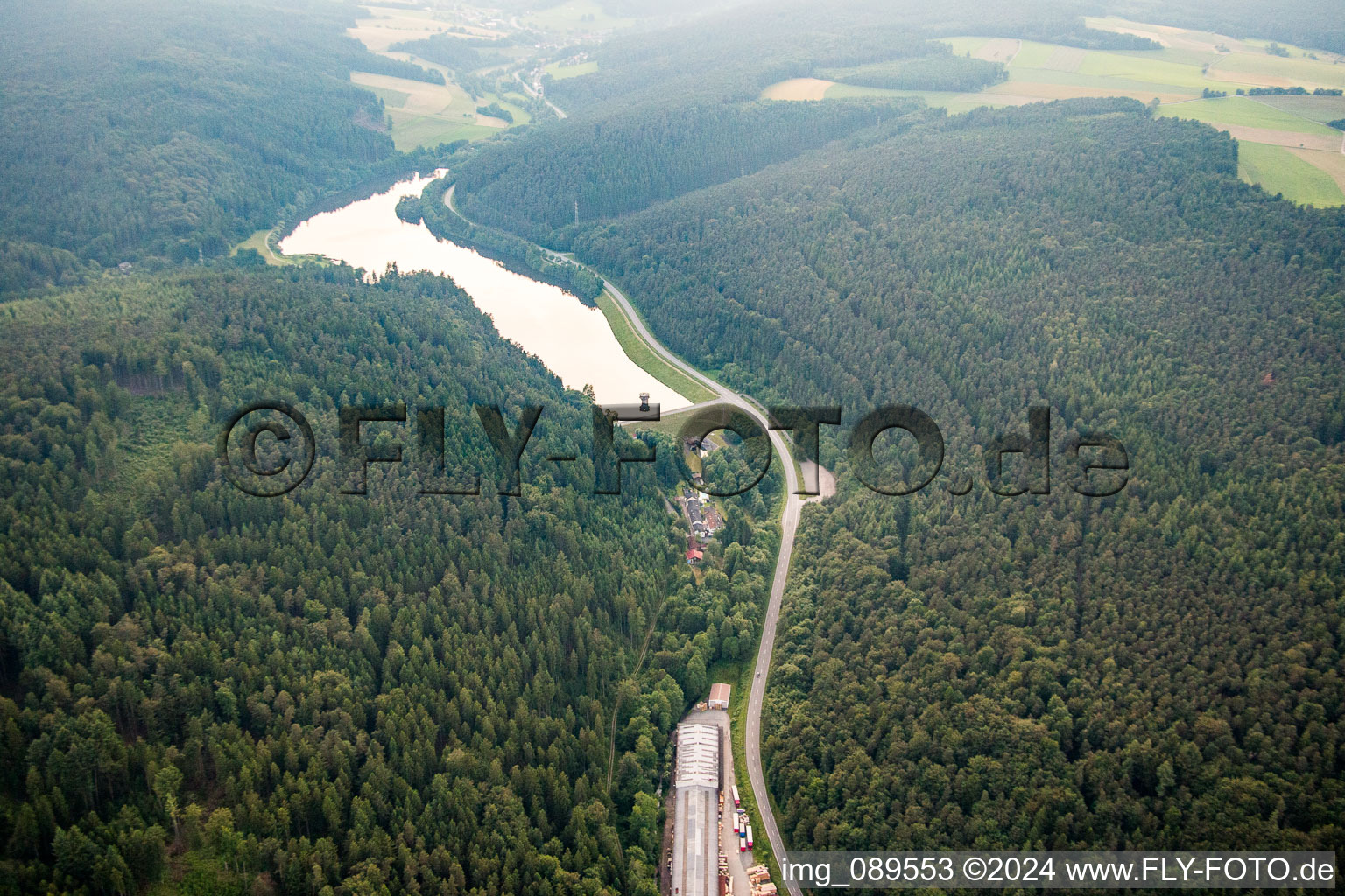 Oblique view of Marbach, Marbach Reservoir in the district Hetzbach in Oberzent in the state Hesse, Germany