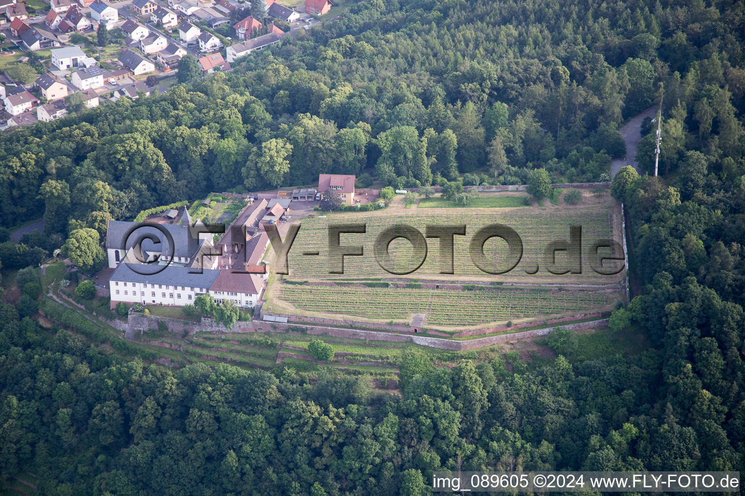 Aerial view of Franciscan Monastery Engelberg in Großheubach in the state Bavaria, Germany