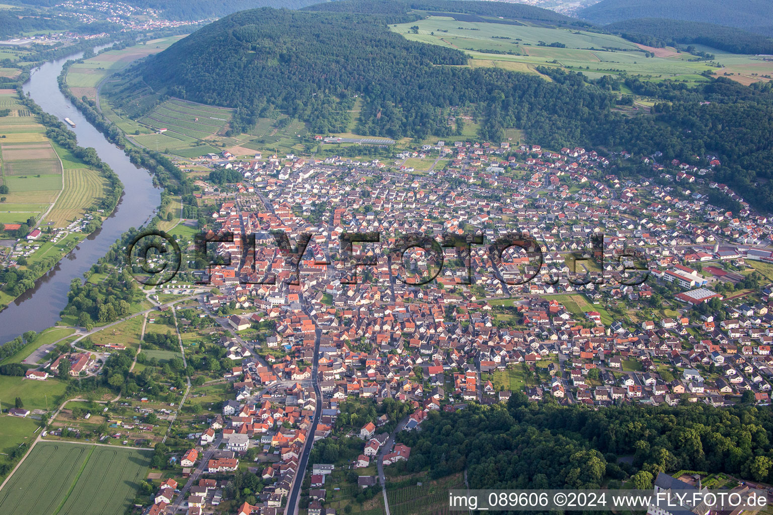 Village on the banks of the area Main - river course in Grossheubach in the state Bavaria, Germany