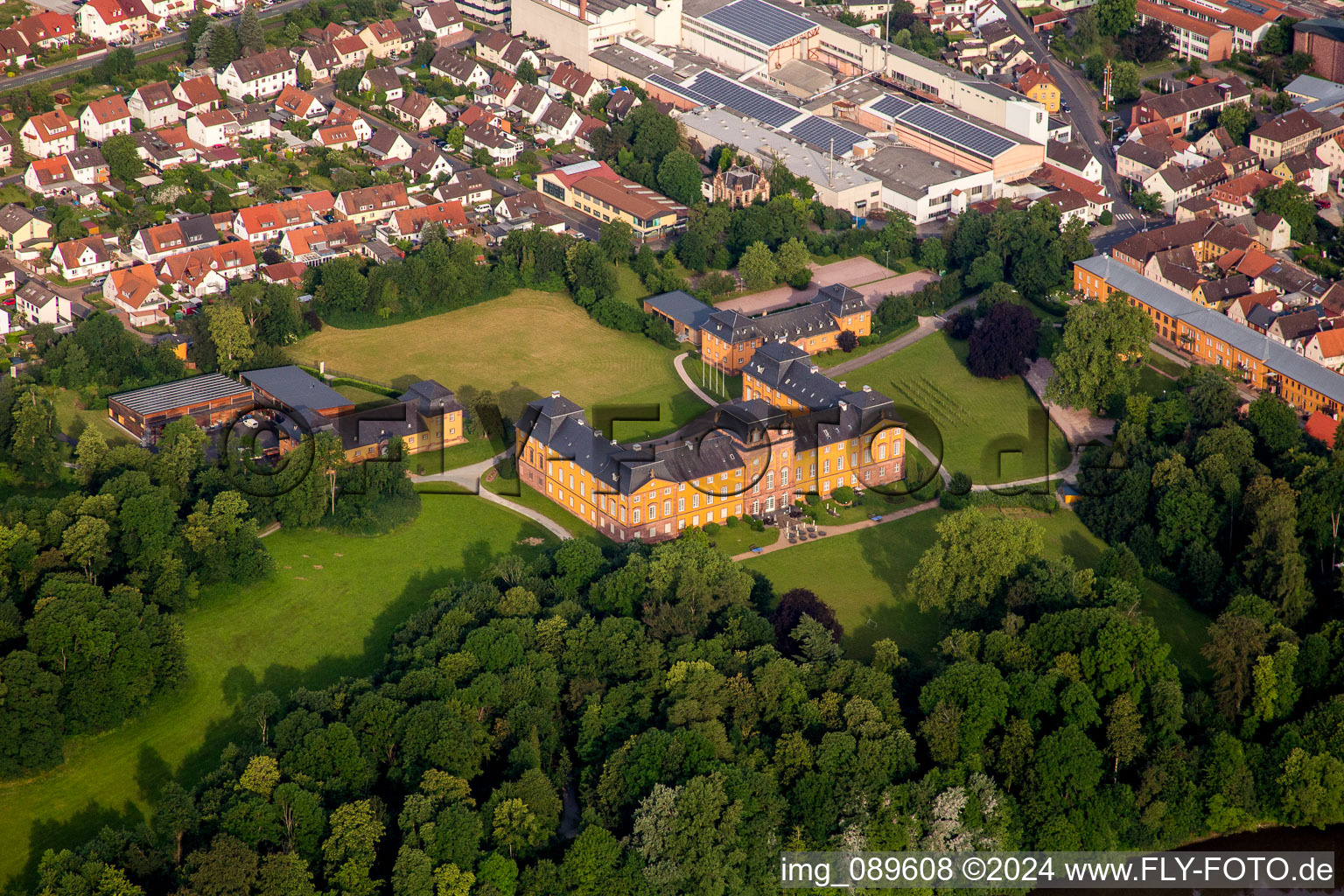 Aerial view of Building complex in the park of the castle Chateauforma?? Schloss Loewenstein in Kleinheubach in the state Bavaria, Germany