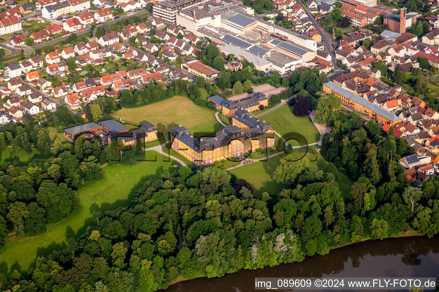 Aerial photograpy of Building complex in the park of the castle Chateauforma?? Schloss Loewenstein in Kleinheubach in the state Bavaria, Germany