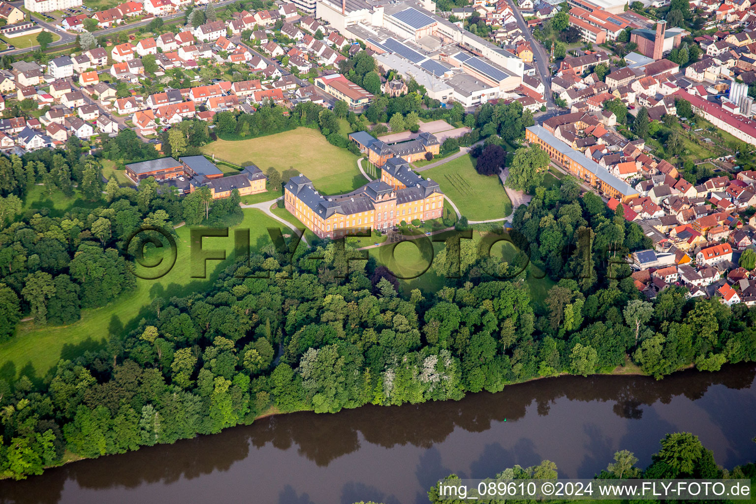 Oblique view of Building complex in the park of the castle Chateauforma?? Schloss Loewenstein in Kleinheubach in the state Bavaria, Germany