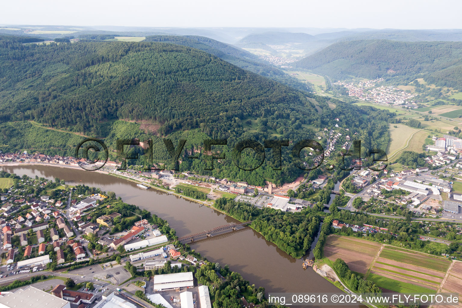 Railway bridge building to route the train tracks ueber den Main in Miltenberg in the state Bavaria, Germany