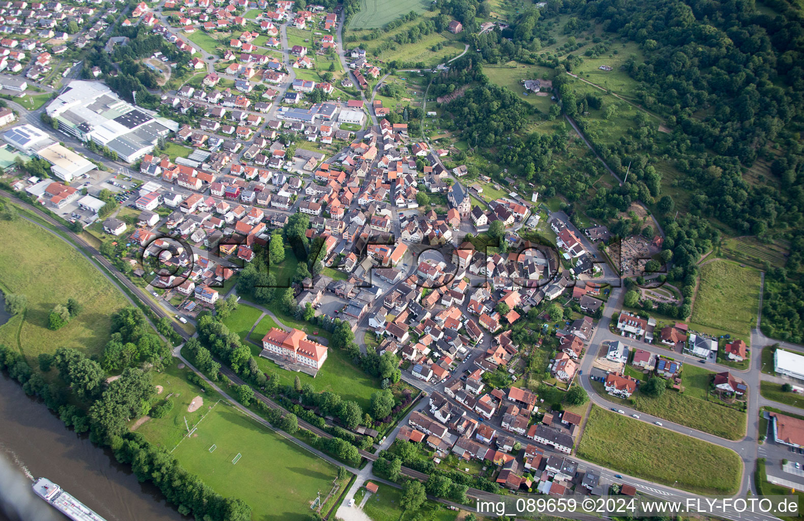 Aerial view of Building complex in the park of the castle Fechenbach in the district Fechenbach in Collenberg in the state Bavaria, Germany