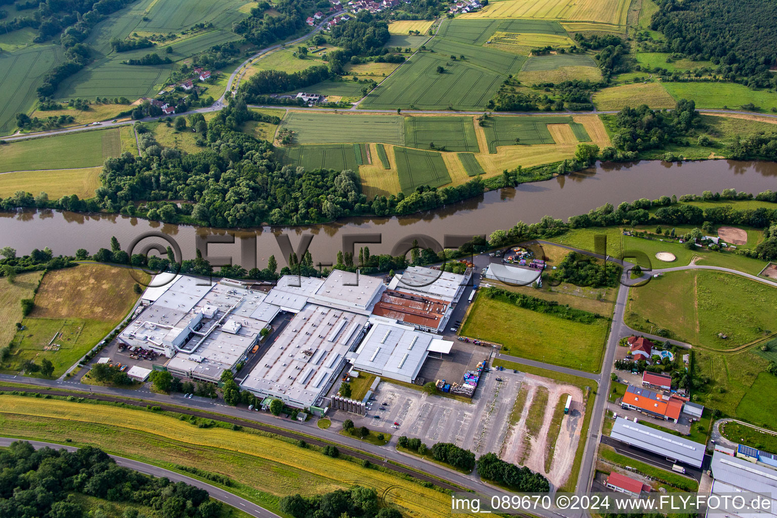 Aerial view of Industrial and commercial area Magna Mirrors GmbH in the district Wildensee in Dorfprozelten in the state Bavaria