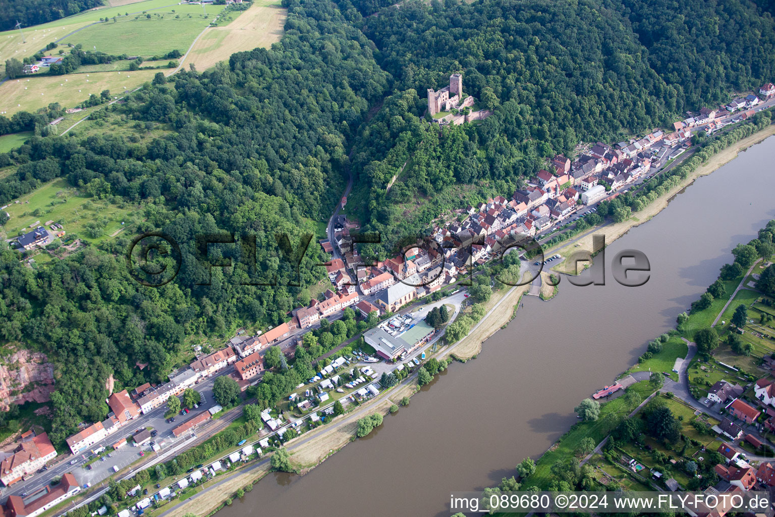 Aerial view of Henneburg in Stadtprozelten in the state Bavaria, Germany