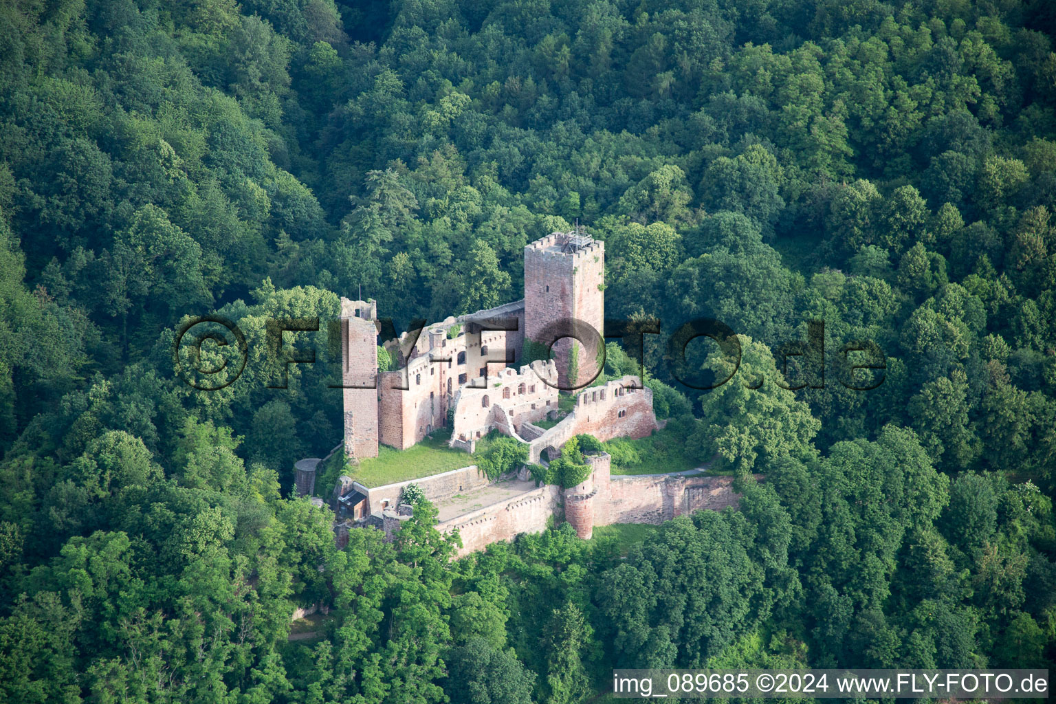 Henneburg in Stadtprozelten in the state Bavaria, Germany from above